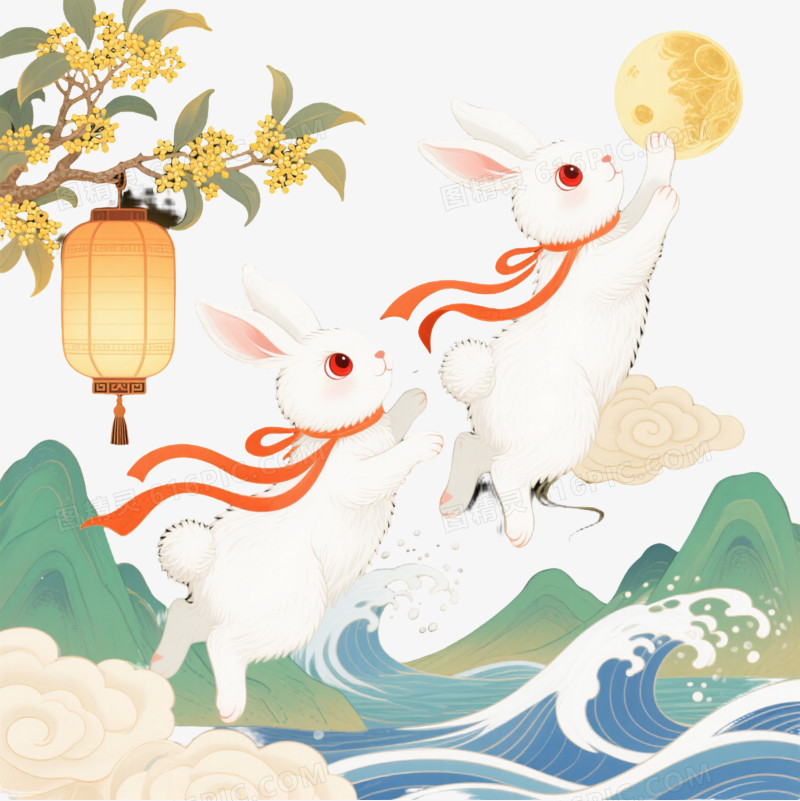 白玉兔腾云摘桂新中式插画元素