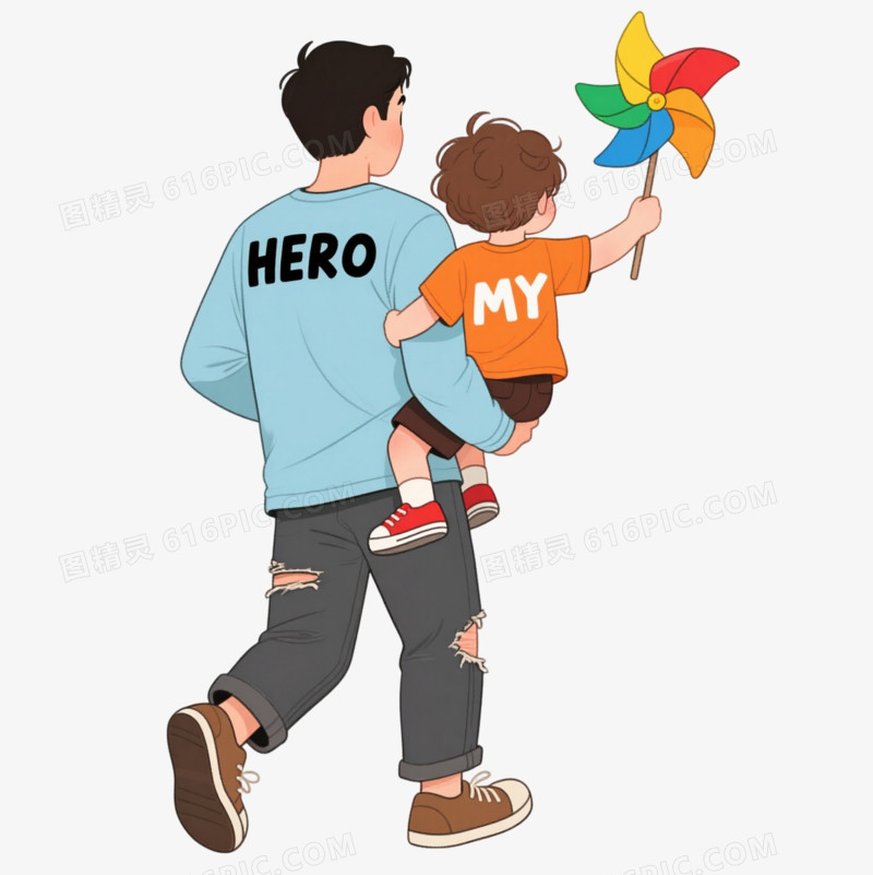 浅蓝 HERO 男性扛橙衣小孩卡通手绘元素