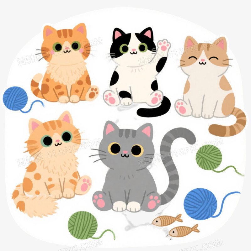 六只Q版猫咪卡通手绘元素