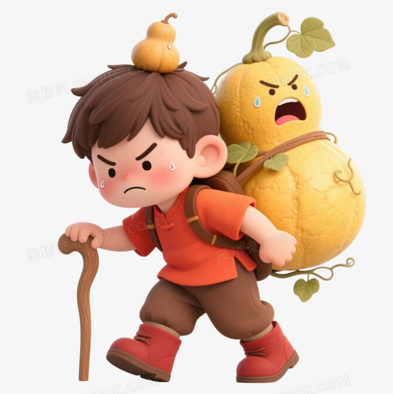 Q版疲惫男孩扛怒葫芦卡通手绘元素图片免费下载_PNG素材_编号1l0i975dg_图精灵