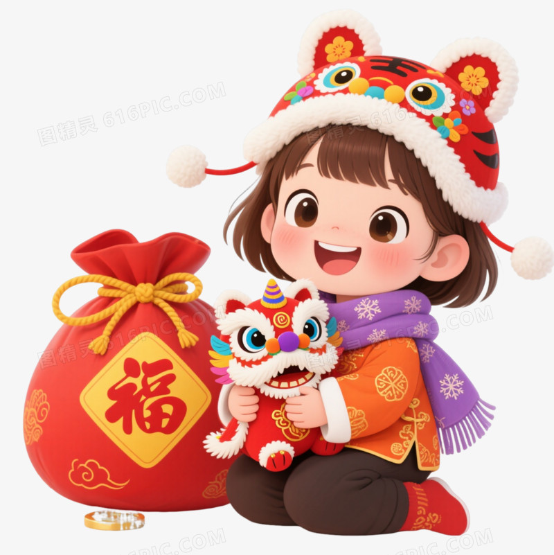 Q版虎头帽女孩卡通手绘元素