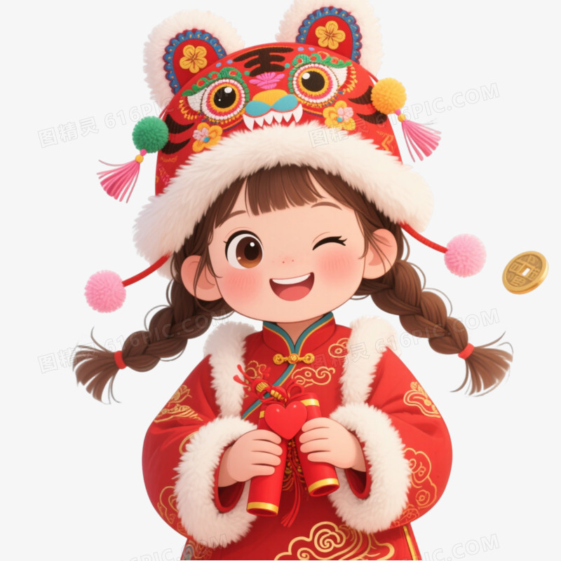 红金虎头帽小女孩卡通手绘元素