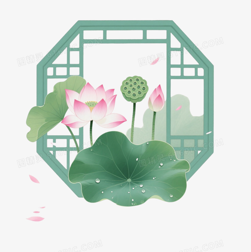 青绿莲蓬荷花水墨国风装饰图案