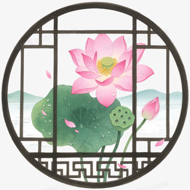 水墨荷花窗棂装饰图案