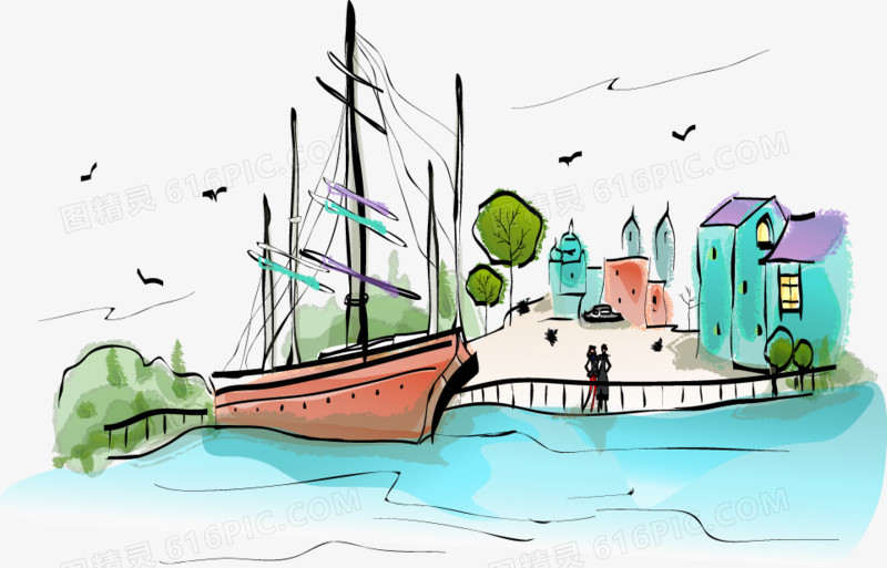 卡通水彩手绘房子船