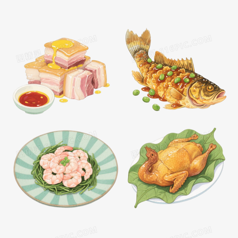 水彩苏帮菜四拼插画元素