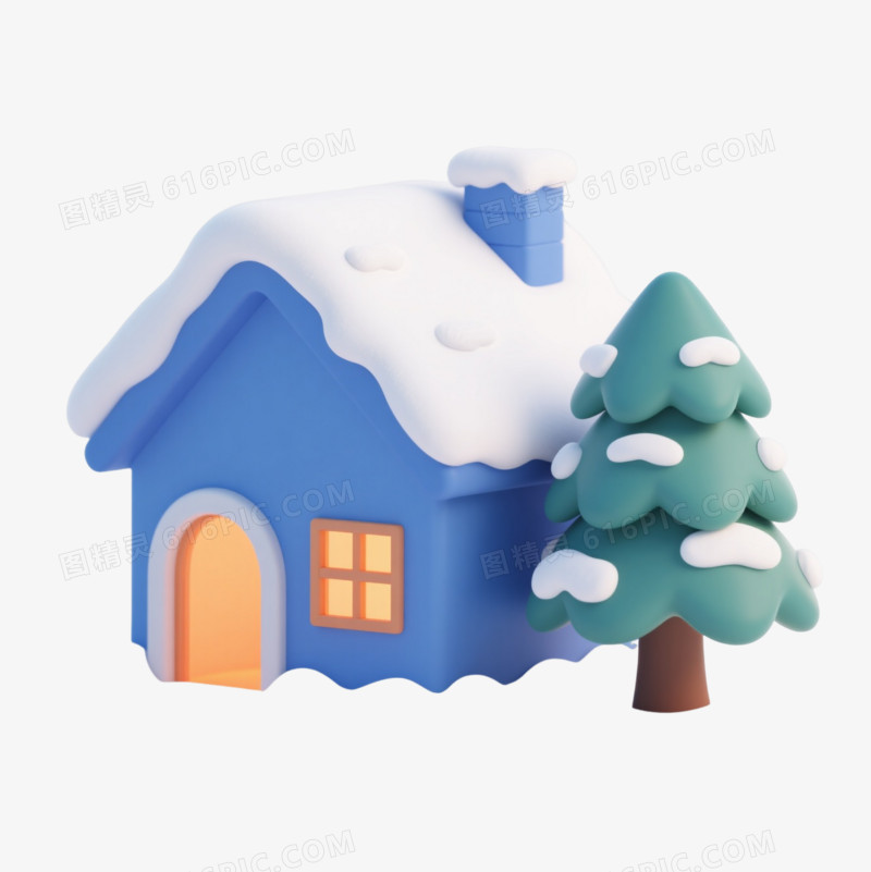 蓝屋雪松3D卡通风格漂浮元素