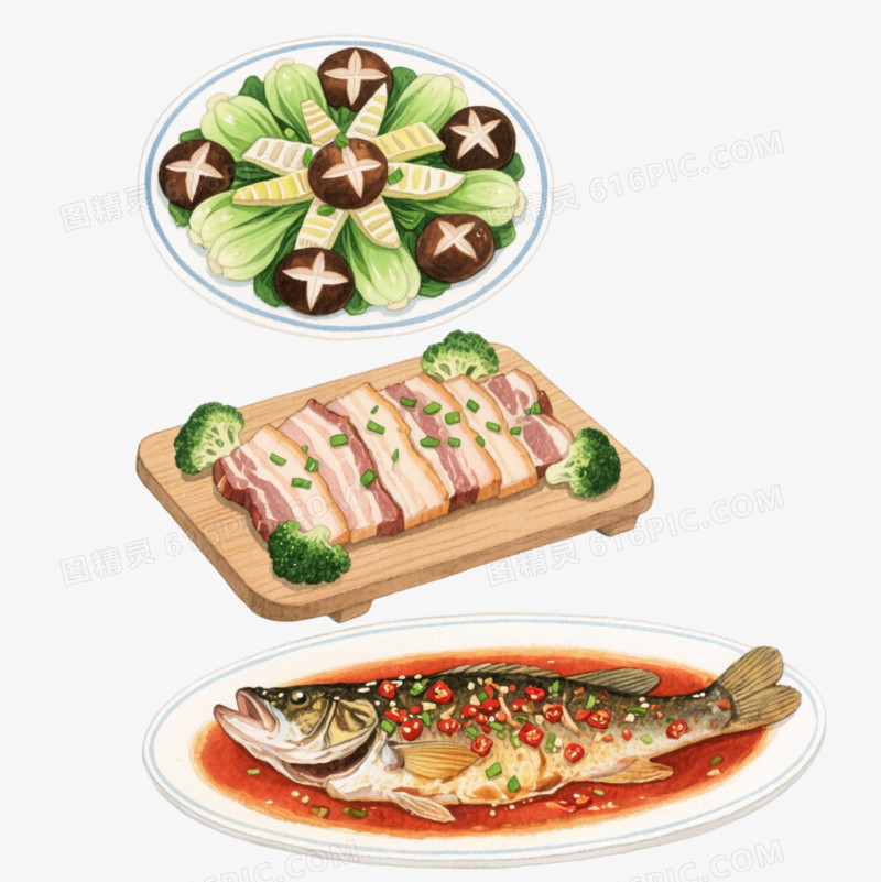 水彩徽菜四道插画元素