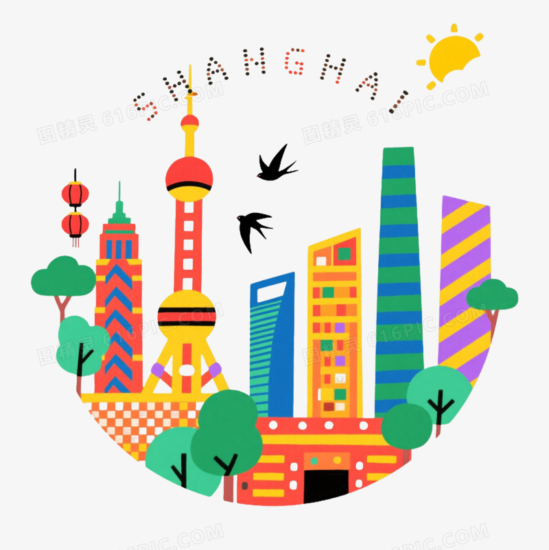 彩色几何上海天际线扁平插画元素
