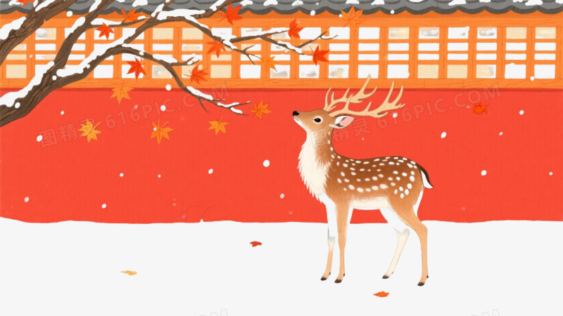 棕白梅花鹿日式秋景插画元素
