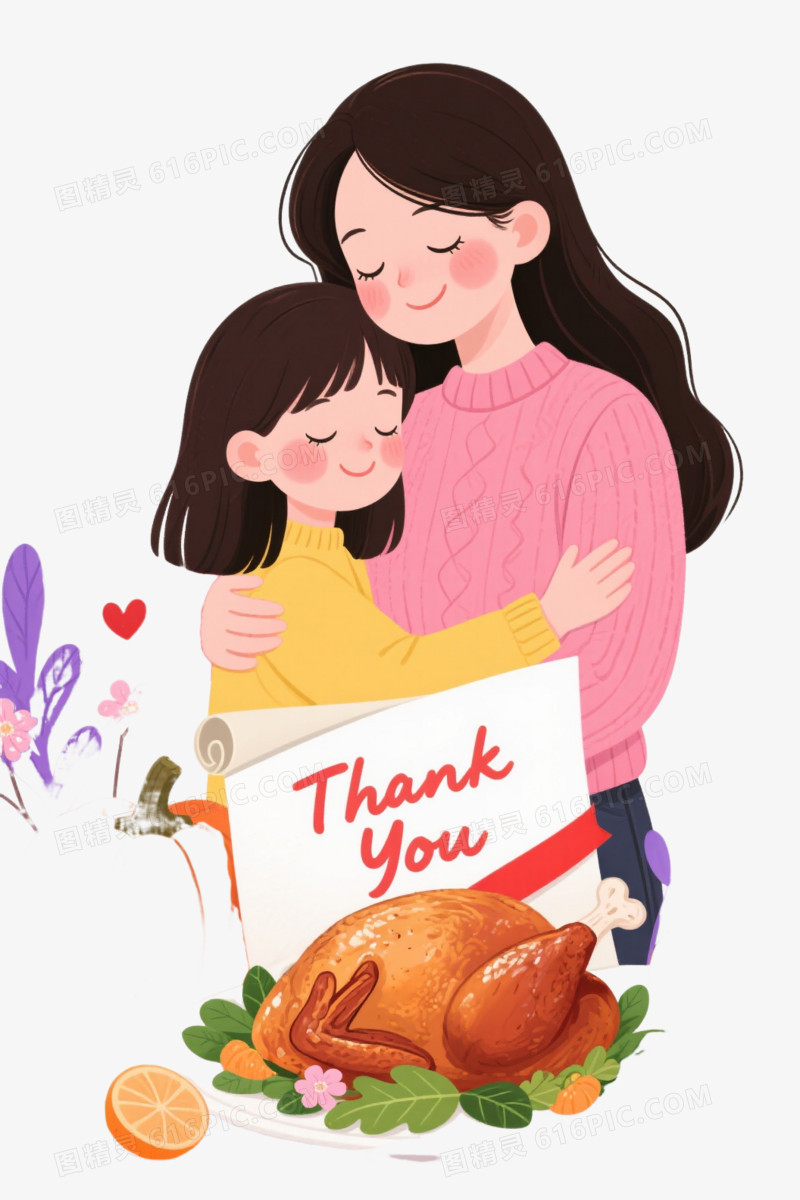 温馨母女手绘插画节日元素