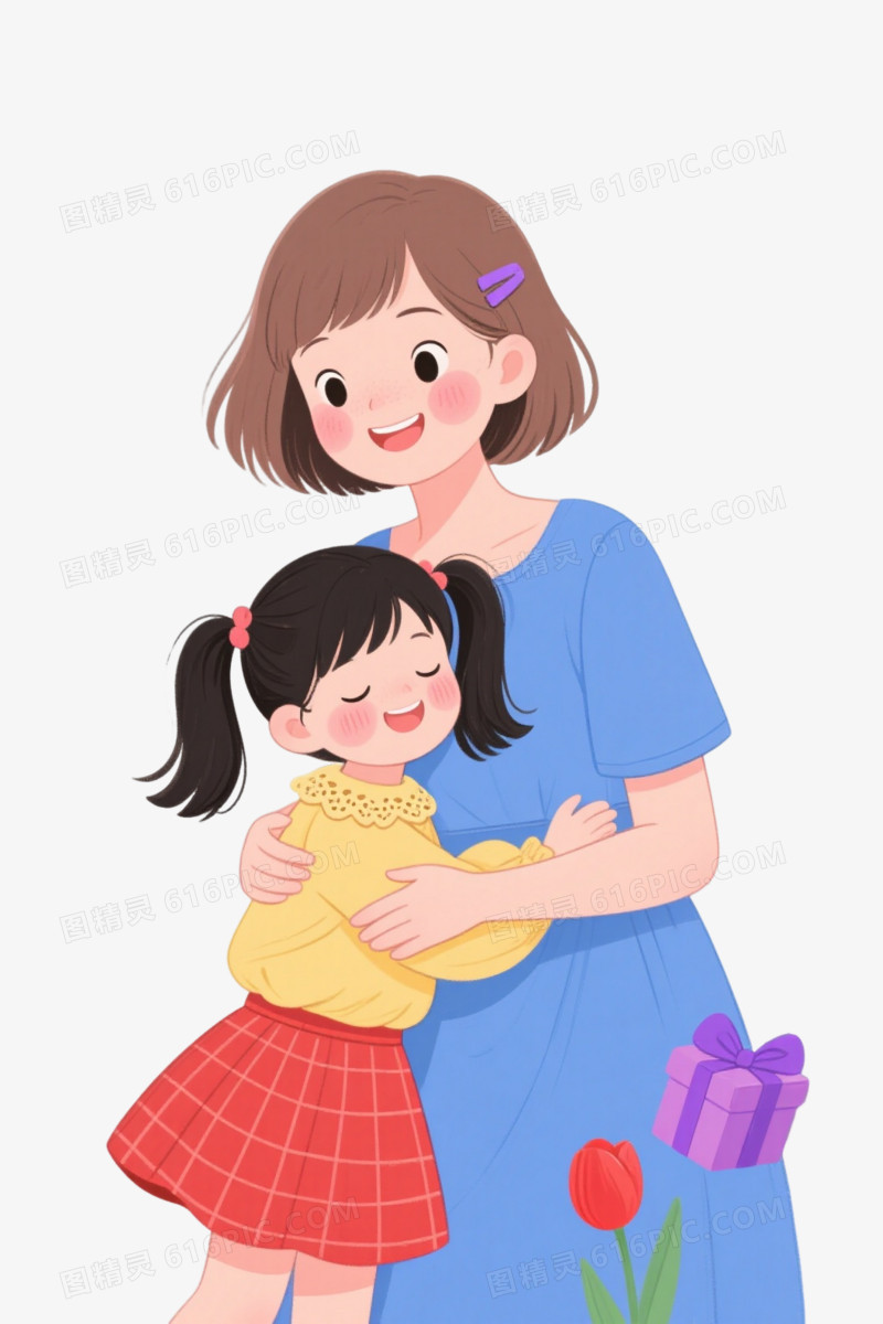 温馨母女手绘插画漂浮元素