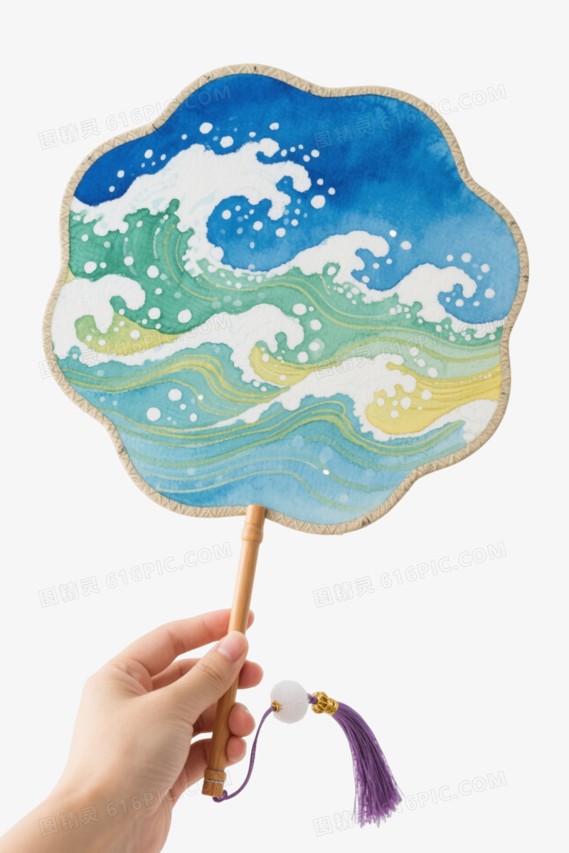蓝绿波浪团扇装饰图案