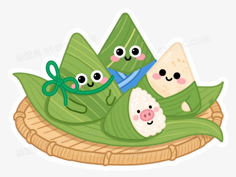 绿色粽叶拟人粽子卡通手绘元素