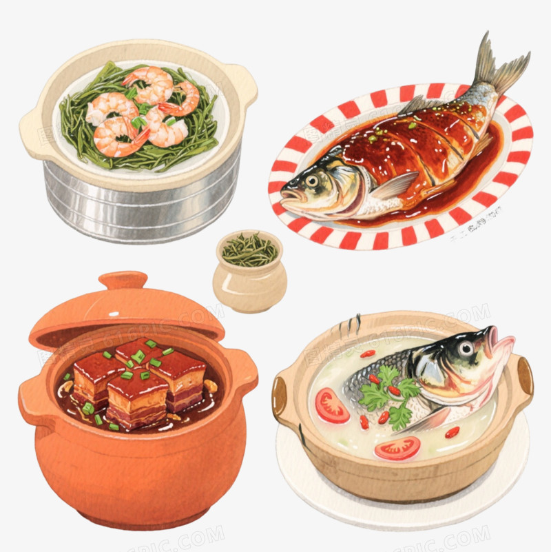 水彩手绘浙江四菜插画元素