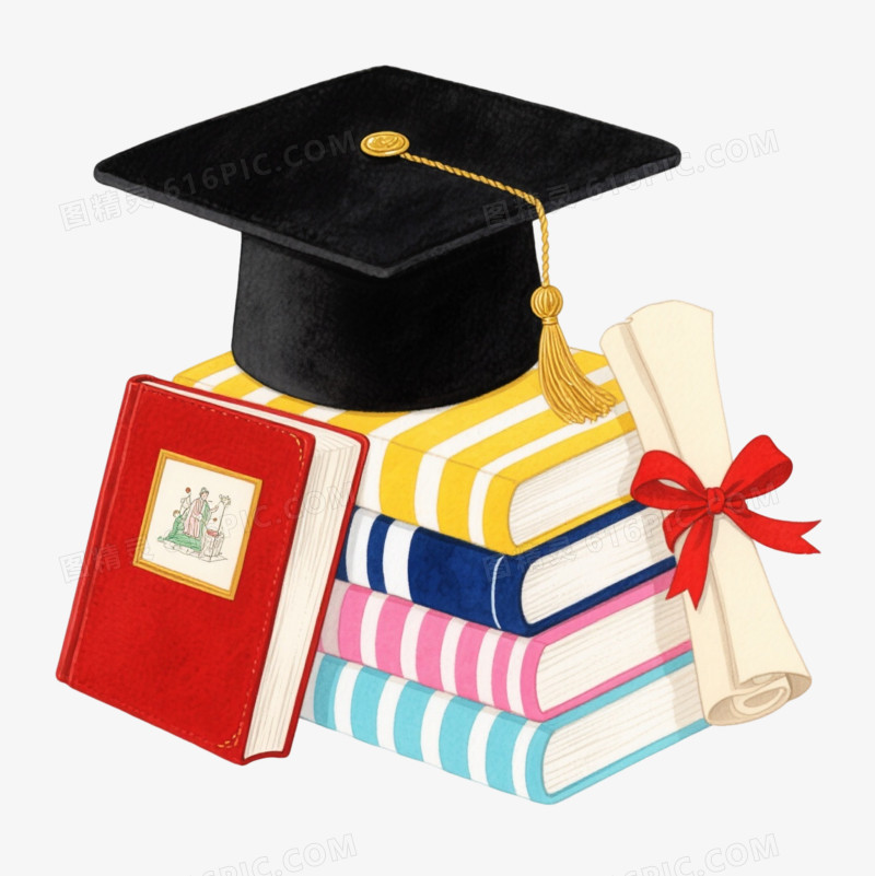 水彩学士帽与书本卡通手绘元素