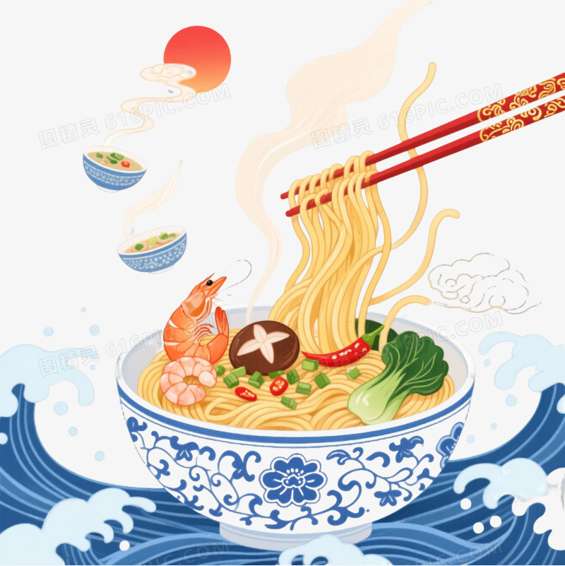 青花瓷拉面中国风插画元素