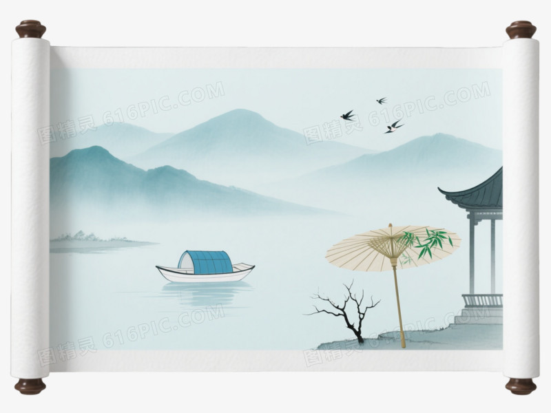 淡青水墨山水卷轴装饰图案