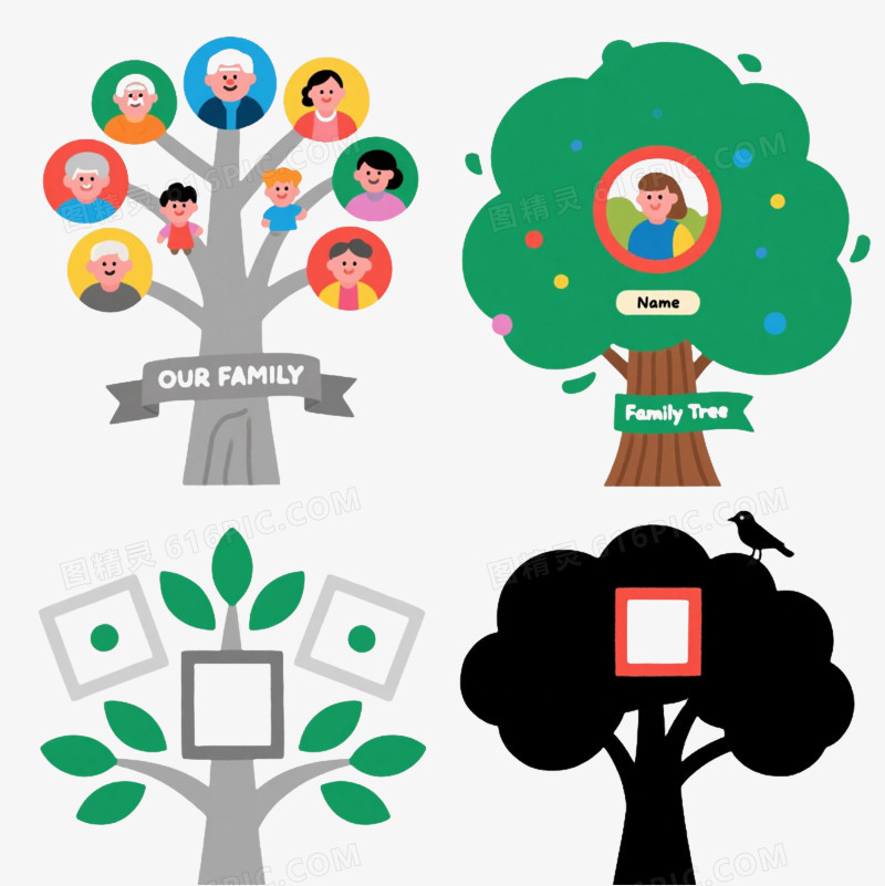 四款家庭树插画卡通手绘元素