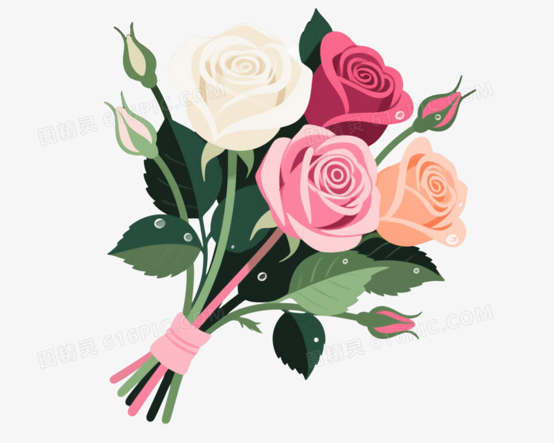 多色玫瑰花束扁平插画元素
