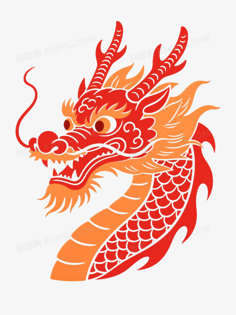 橙红中国龙龙头传统剪纸元素