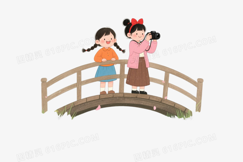水彩风双女孩桥上拍照卡通手绘元素