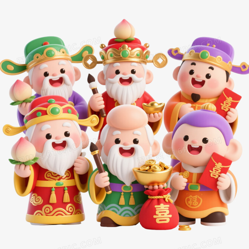 五福神卡通手绘元素图片免费下载_PNG素材_编号1pkie0rgd_图精灵