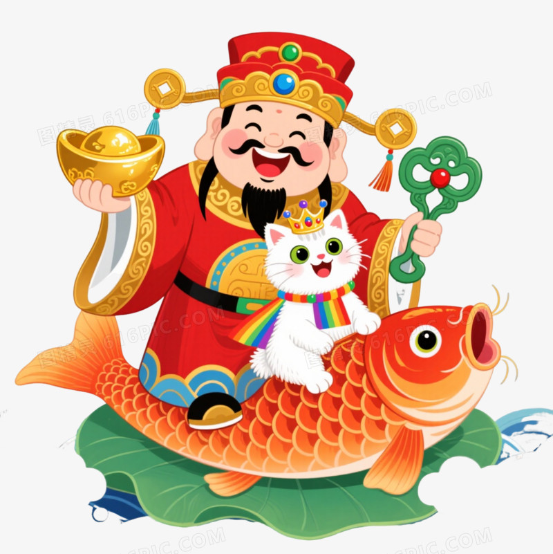 财神锦鲤白猫中国风喜庆插画元素