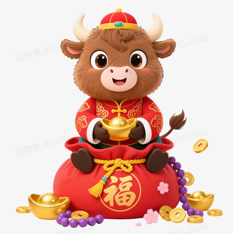 棕色卡通牛喜庆中国风卡通手绘元素