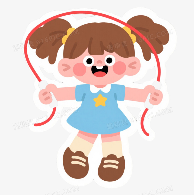 棕马尾女孩跳绳卡通手绘元素