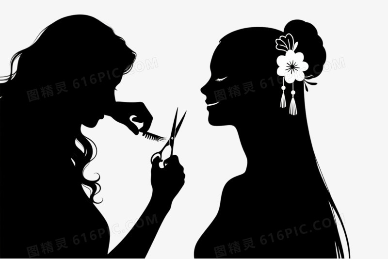 黑白剪影女性理发场景元素