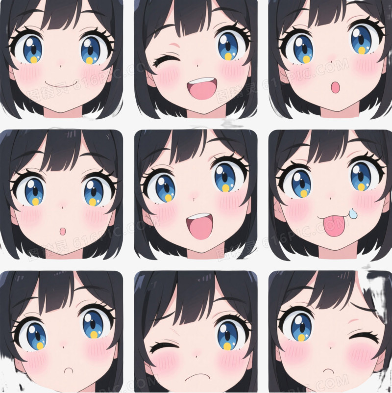 蓝瞳少女表情卡通手绘元素