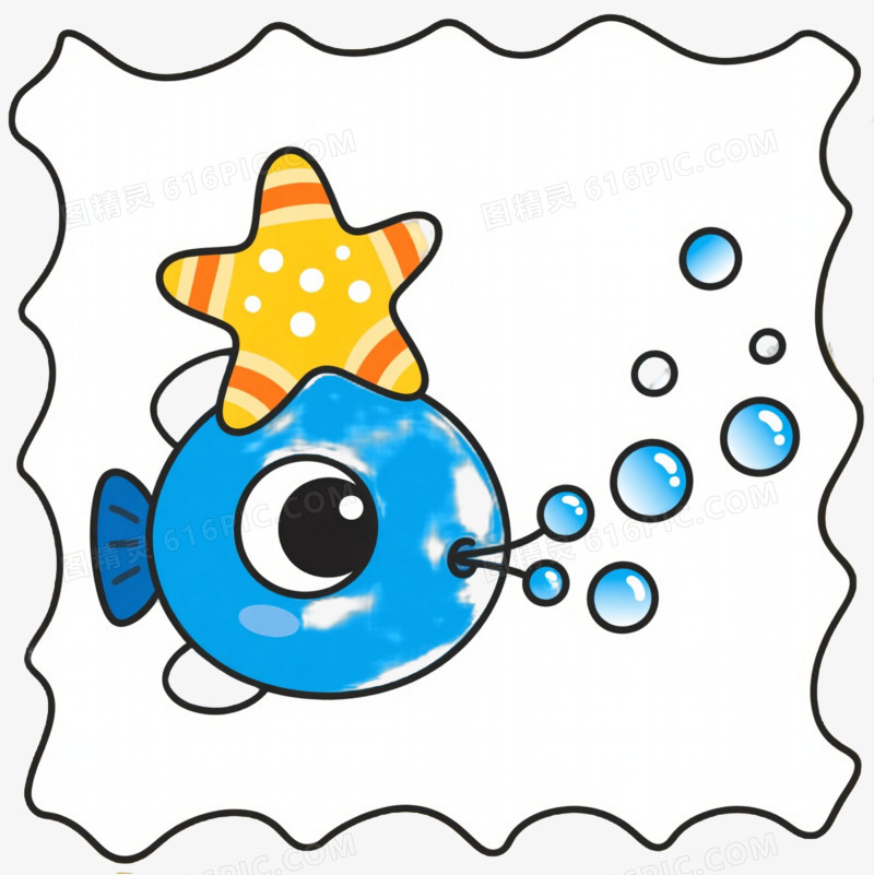 蓝鱼海星卡通手绘元素