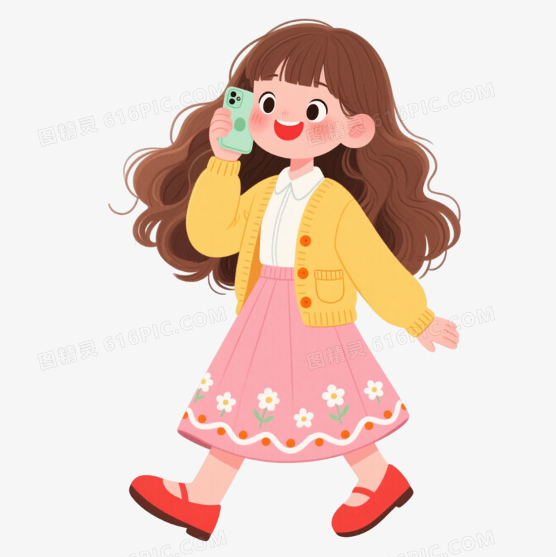 明黄针织女孩插画风格卡通手绘元素