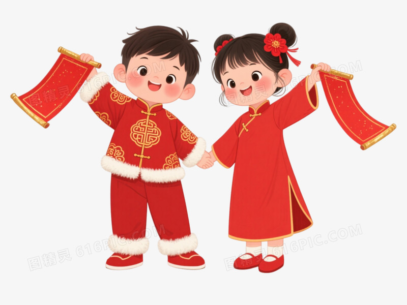 红金中国风儿童卡通手绘元素