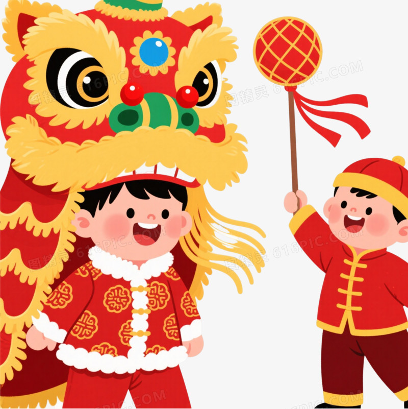 红金舞狮卡通手绘元素图片免费下载_PNG素材_编号1xrilom7r_图精灵