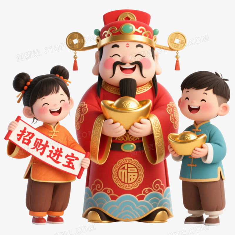 红袍财神与童子卡通手绘元素