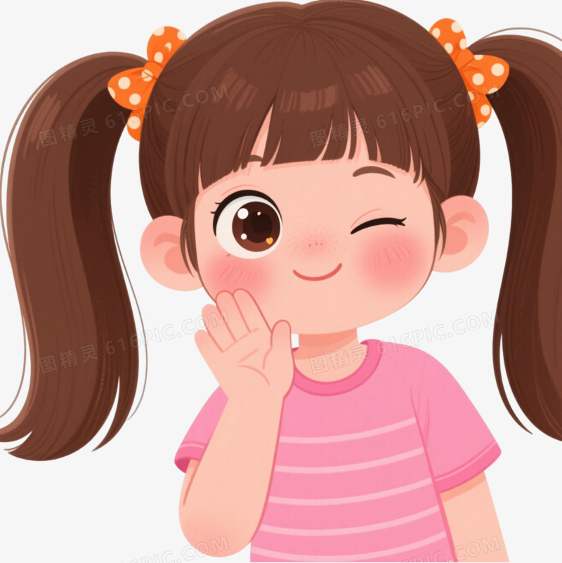棕马尾女孩卡通手绘元素