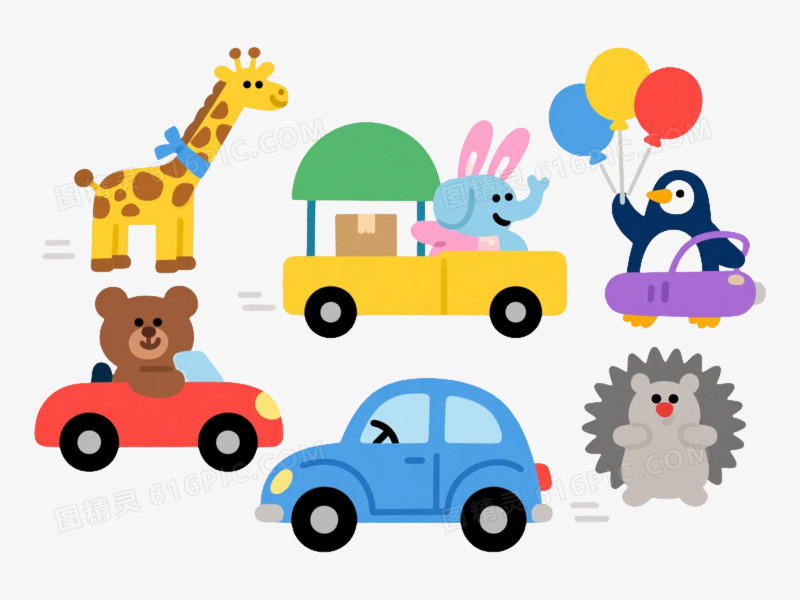 六动物开车卡通手绘元素