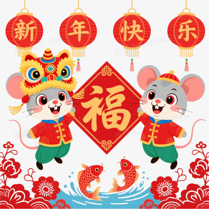 卡通老鼠舞狮中国风喜庆插画元素