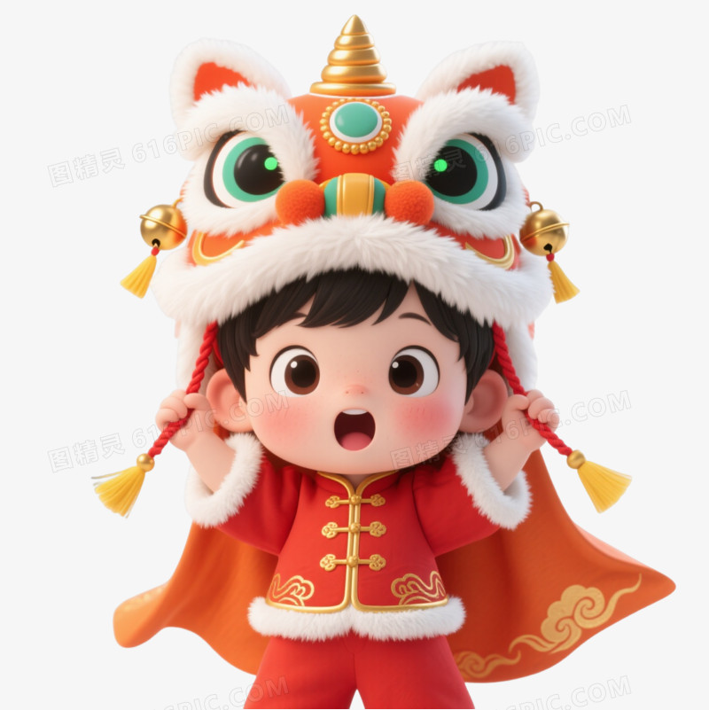 Q版舞狮小孩卡通手绘元素图片免费下载_PNG素材_编号14nij6elx_图精灵