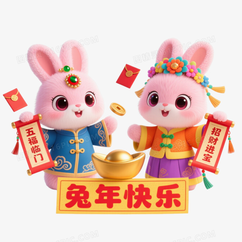 粉色双兔Q版卡通手绘元素