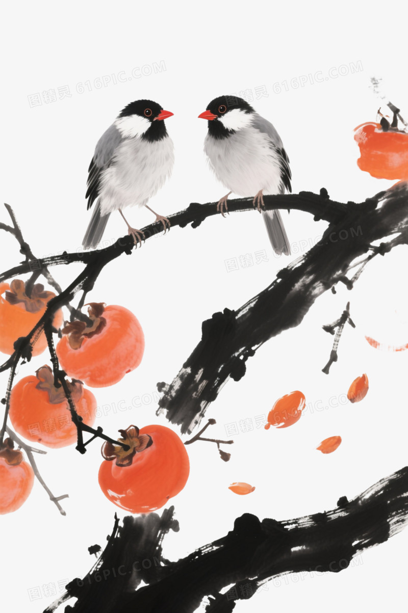 灰白小鸟柿子水墨国画元素图片免费下载_PNG素材_编号1yqin8d9r_图精灵