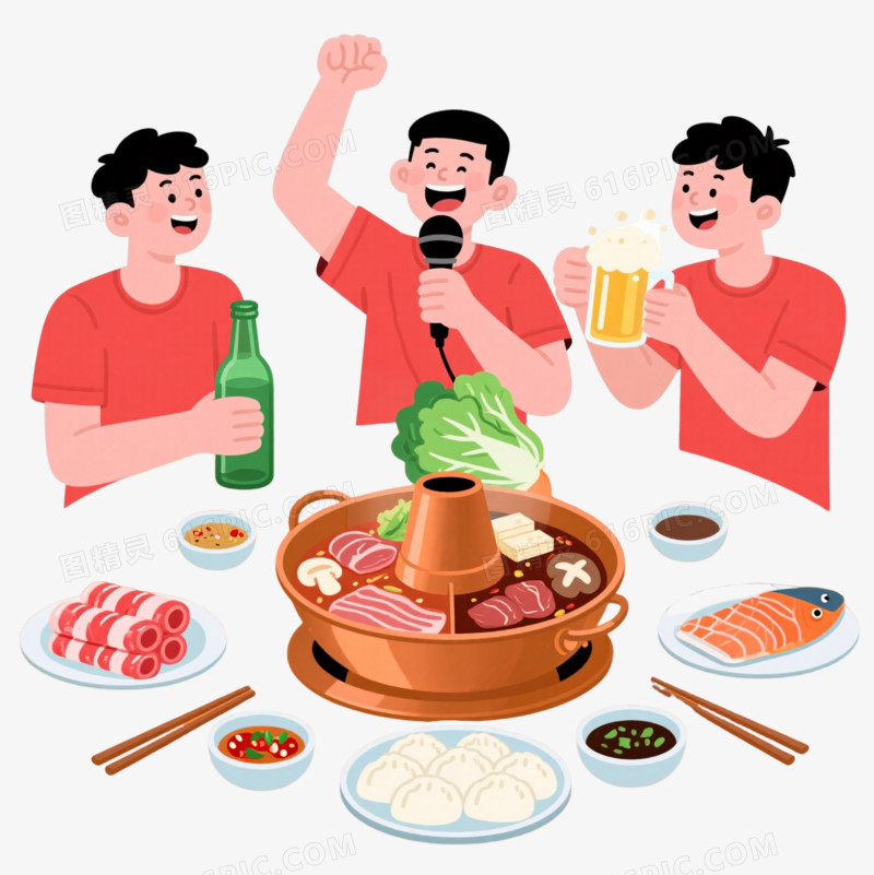 红衣男子吃火锅卡通手绘元素