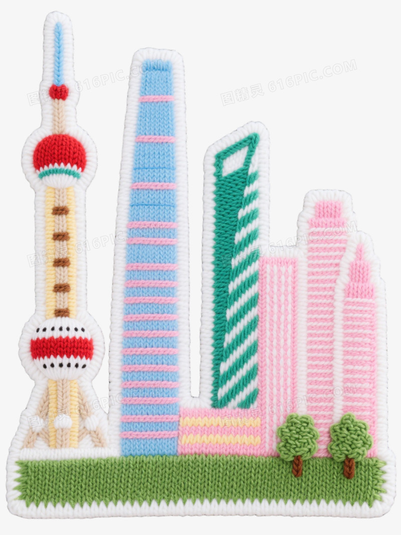 针织风上海天际线漂浮元素