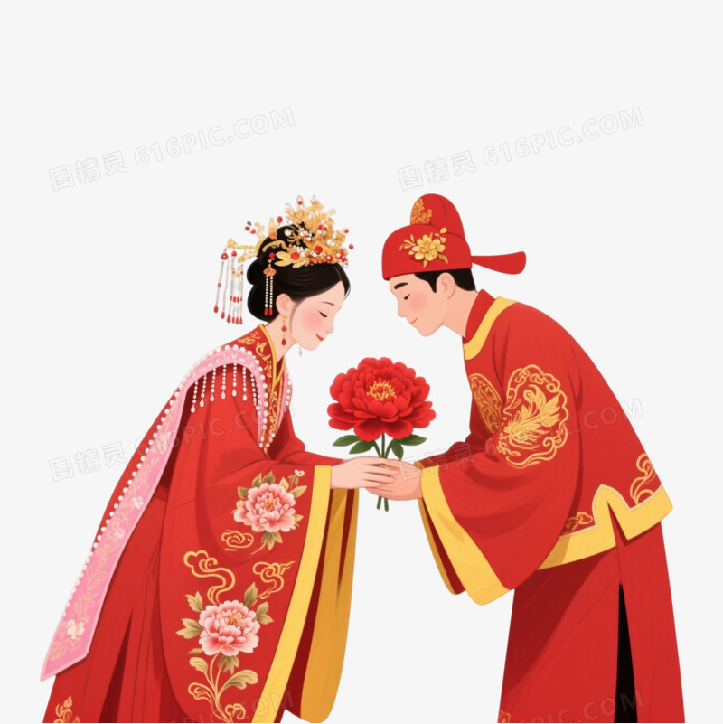 红金婚服新人卡通手绘元素