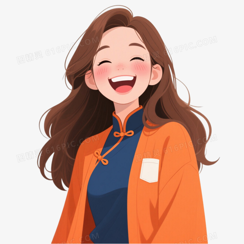 橙蓝搭配开心女性卡通手绘元素