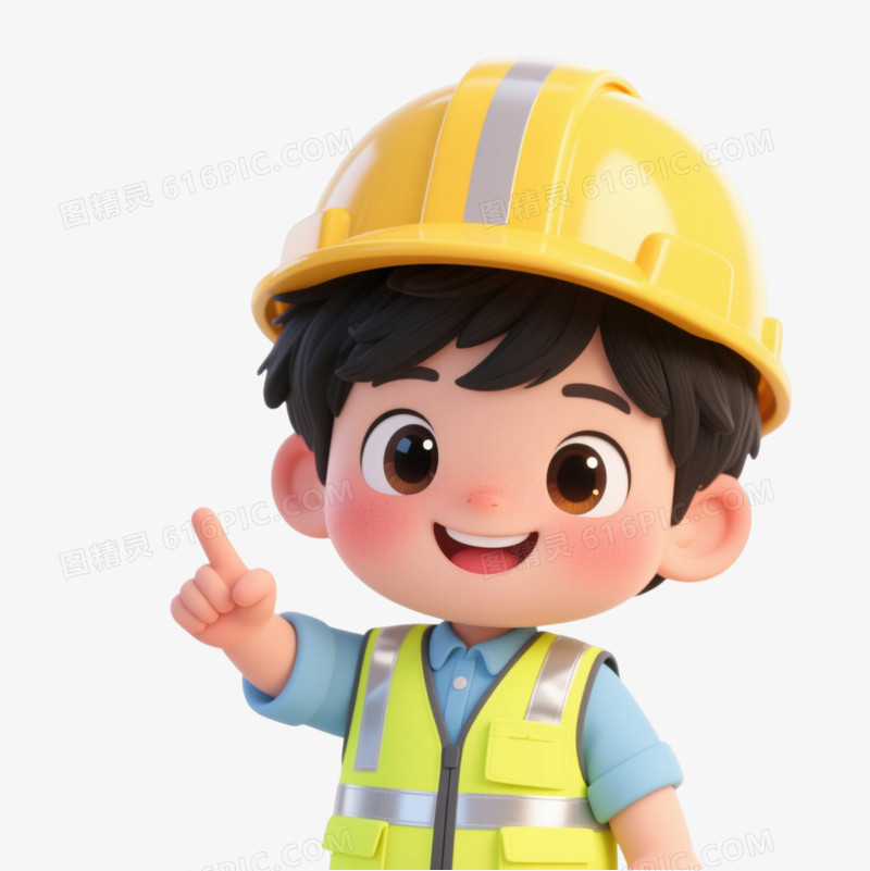 黄色安全帽卡通工人男孩漂浮元素