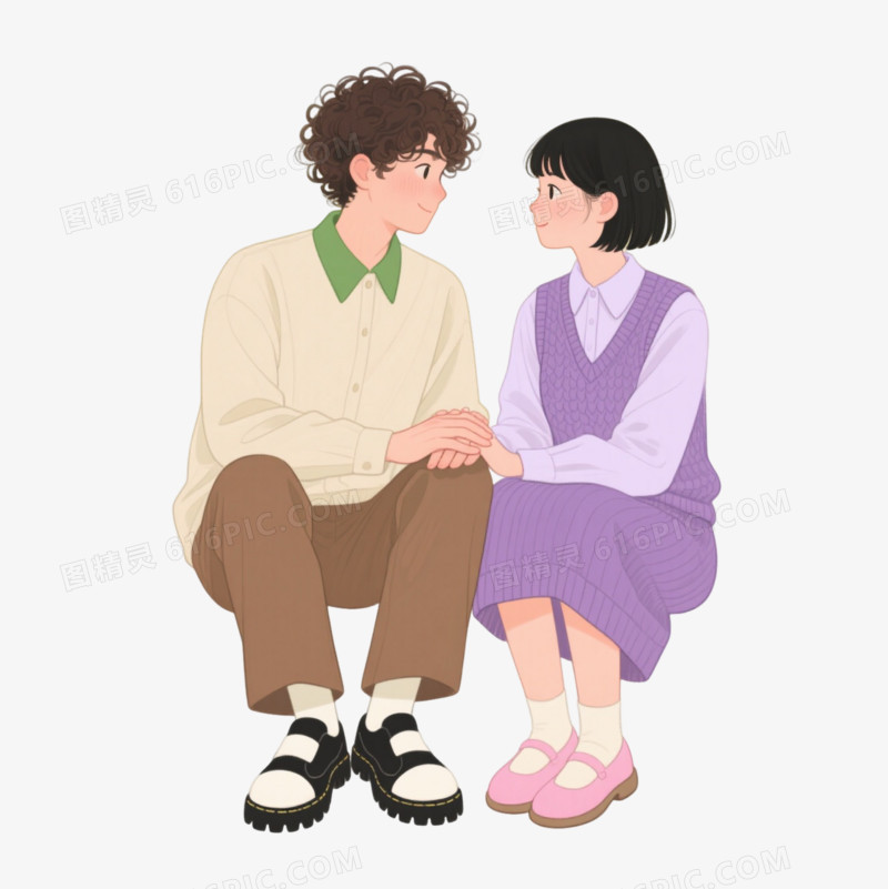 清新插画情侣对视漂浮元素