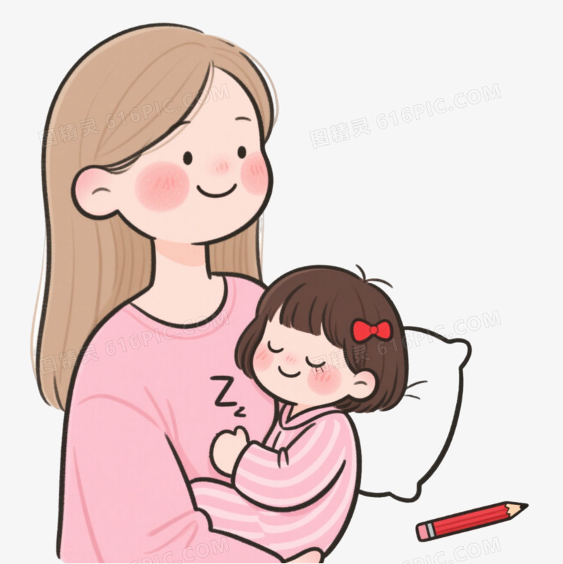 粉衣母女手绘温馨卡通手绘元素